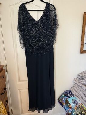 J Kara Navy Beaded V-Neck Maxi Dress